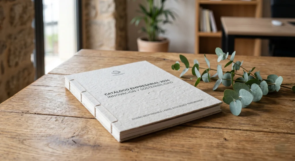 Detalle de catálogo corporativo destacando la impresión sostenible para empresas sobre papel reciclado con texturas naturales.