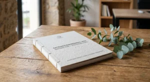 Detalle de catálogo corporativo destacando la impresión sostenible para empresas sobre papel reciclado con texturas naturales.