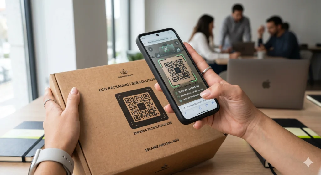 Packaging inteligente impreso en cartón ecológico con código QR dinámico conectando el papel y el entorno digital.