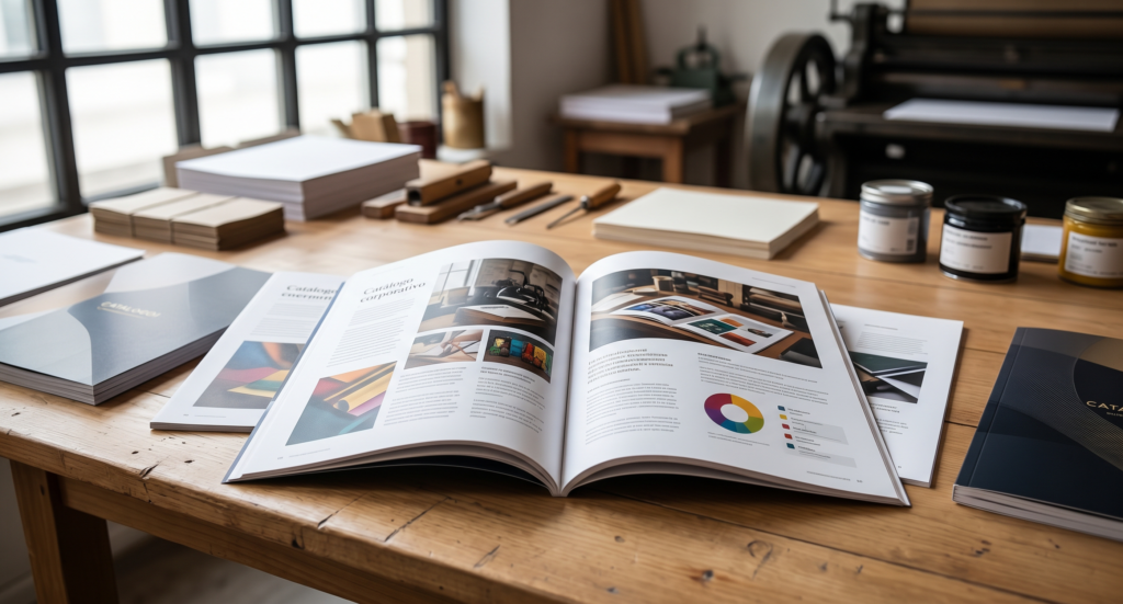 Muestra de catálogo corporativo e impreso editorial en taller de imprenta ConArte Murcia